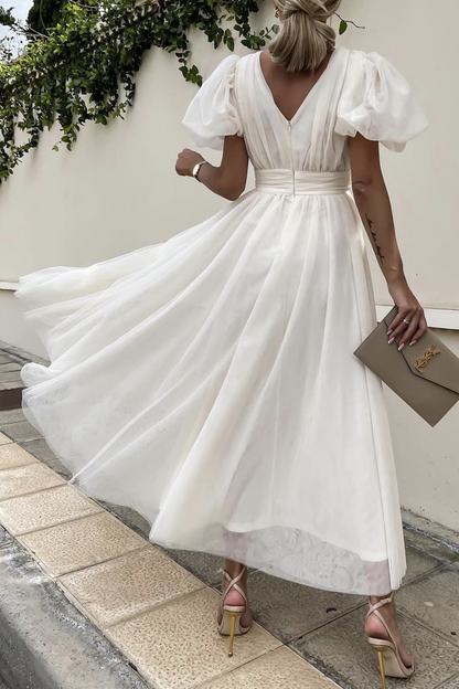 Fashion Solid Split Joint V Neck Mesh Dress Dresses