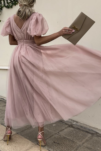 Fashion Solid Split Joint V Neck Mesh Dress Dresses