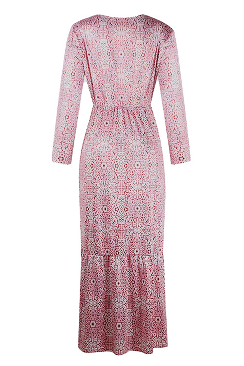 Casual Print Buckle Slit O Neck Dresses