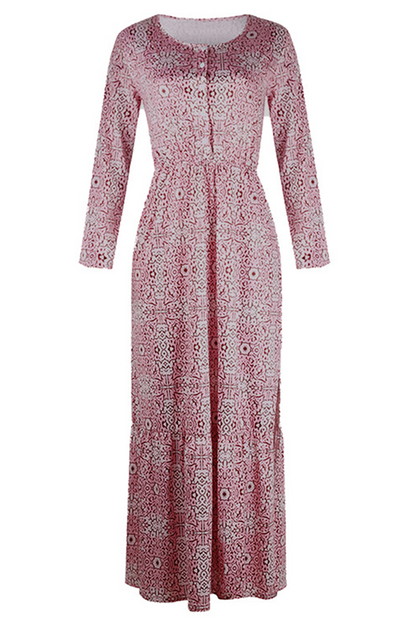 Casual Print Buckle Slit O Neck Dresses