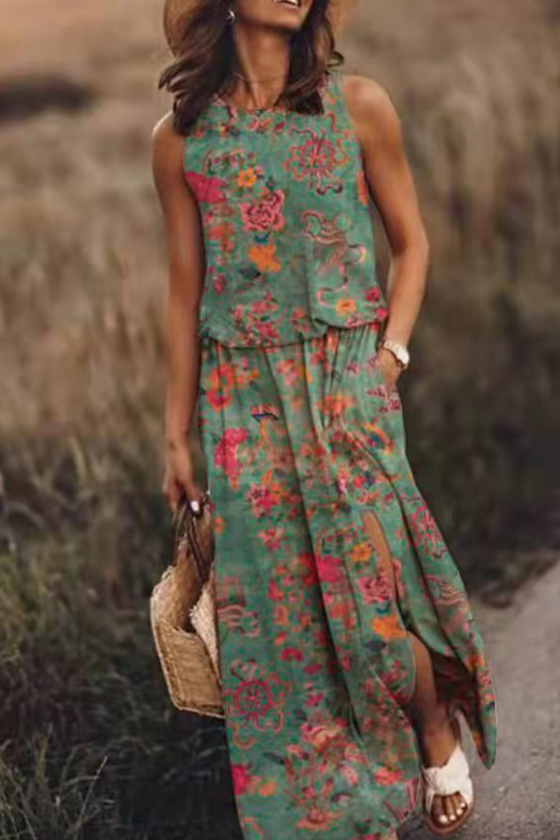 Fashion Print Split Joint O Neck Straight Dresses(3 colors)