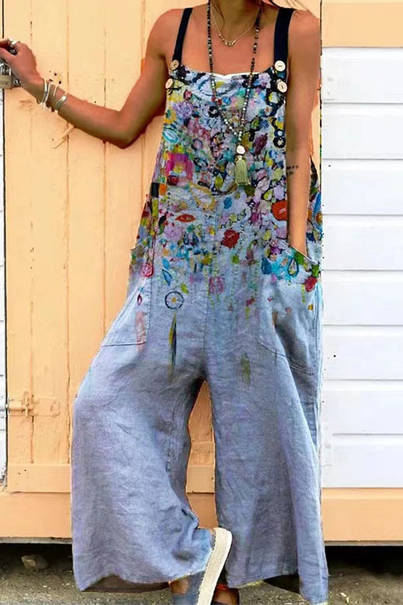 Fashion Print Square Collar Loose Jumpsuits(6 Colors)