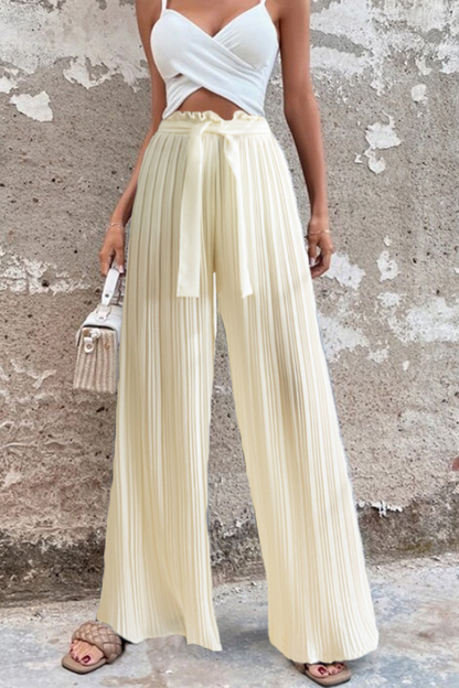 Fashion Solid Fold Loose Mid Waist Wide Leg Solid Color Bottoms(4 colors)