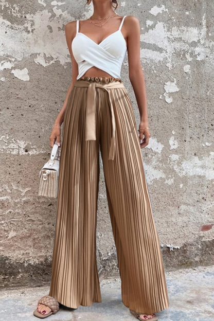 Fashion Solid Fold Loose Mid Waist Wide Leg Solid Color Bottoms(4 colors)