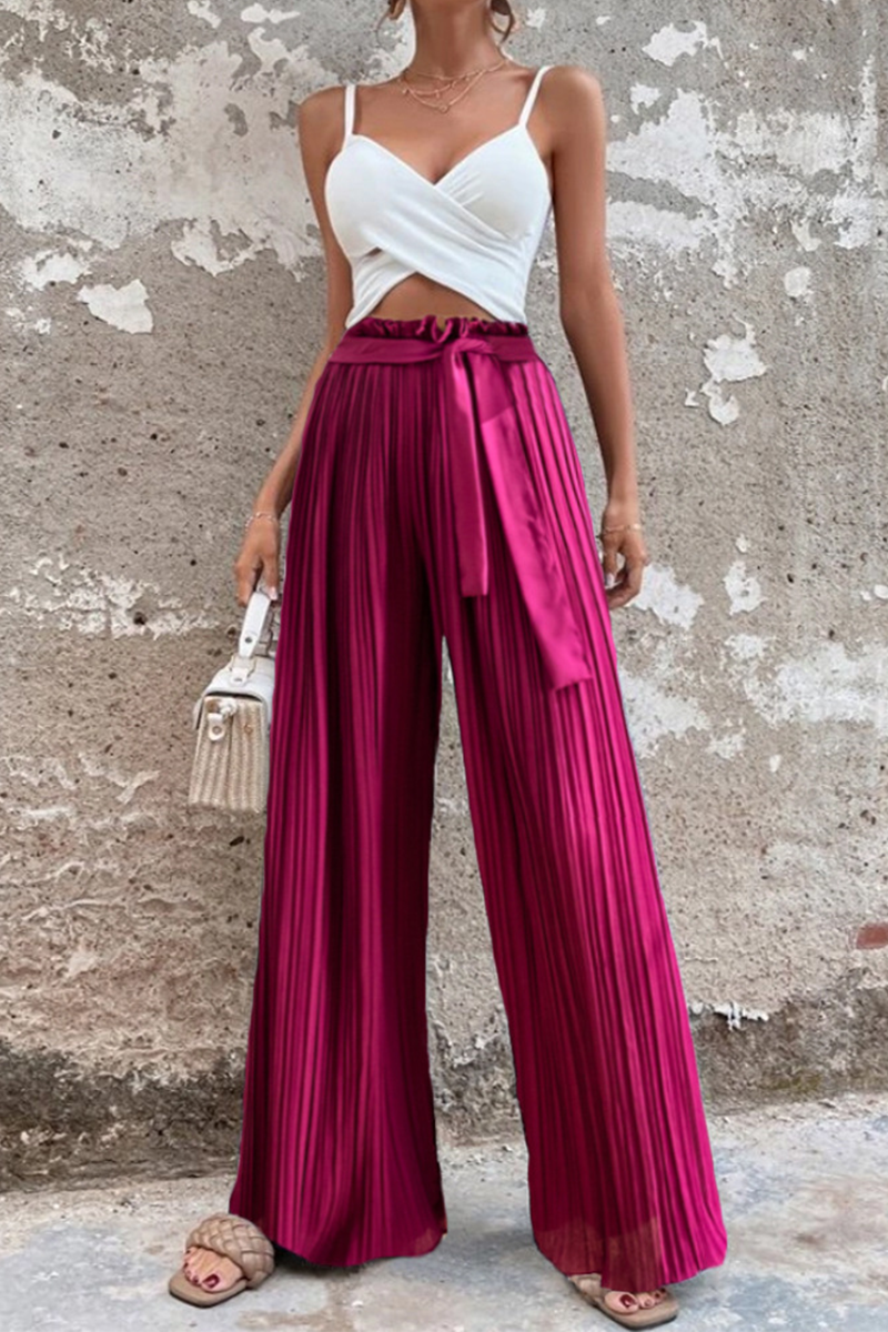 Fashion Solid Fold Loose Mid Waist Wide Leg Solid Color Bottoms(4 colors)