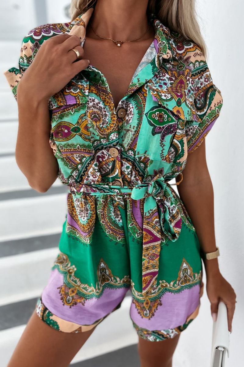 Fashion Print Patchwork Turndown Collar Straight Jumpsuits(3 Colors)