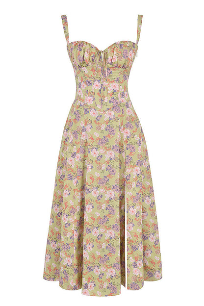 Floral Lace Up Back Spaghetti Strap Corset Fit and Flare Midi Dress