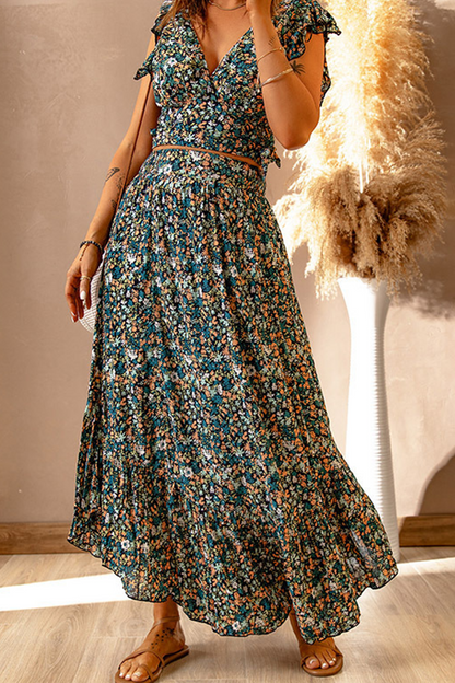 Casual Print Flounce V Neck Sleeveless Two Pieces(3 colors)