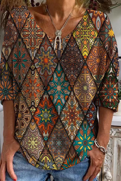Casual Print Patchwork U Neck T-Shirts(3 Colors)