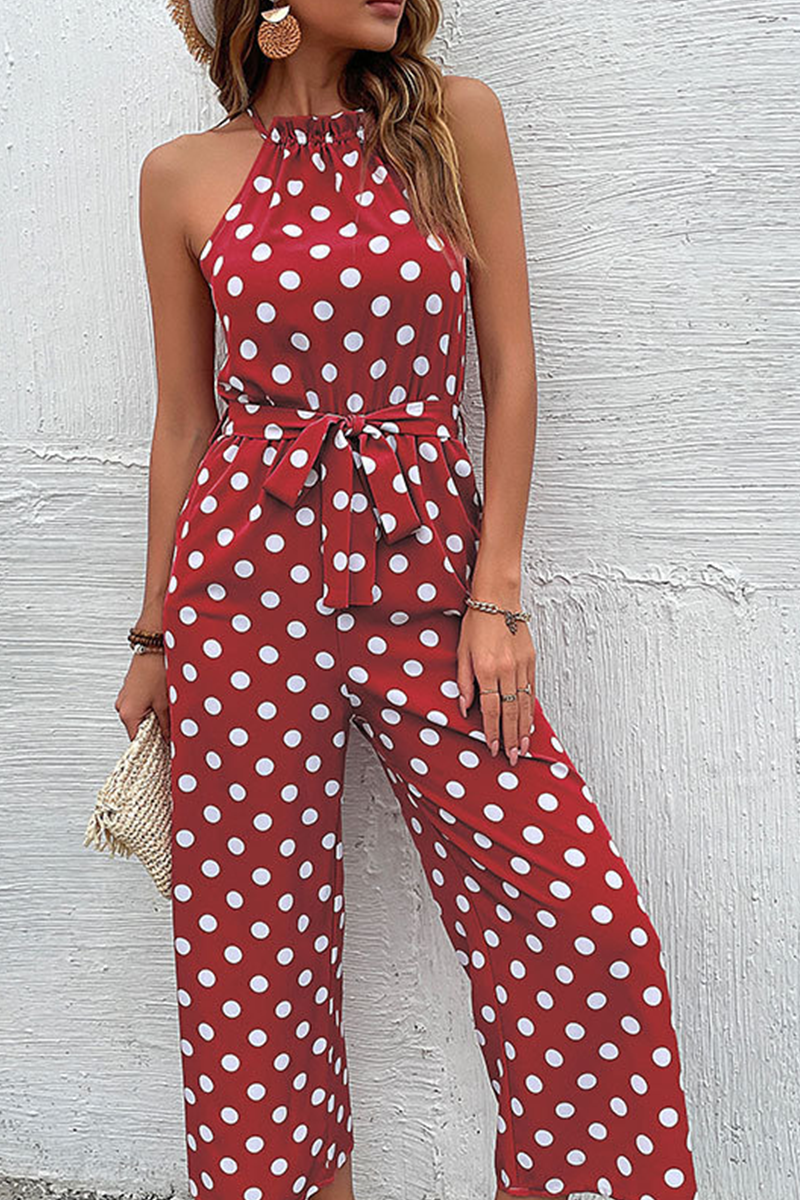 Fashion Dot Patchwork Halter Straight Jumpsuits(4 Colors)