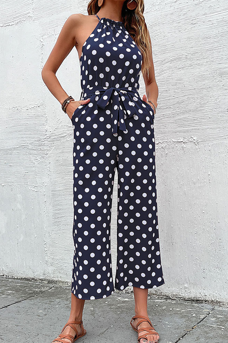 Fashion Dot Patchwork Halter Straight Jumpsuits(4 Colors)