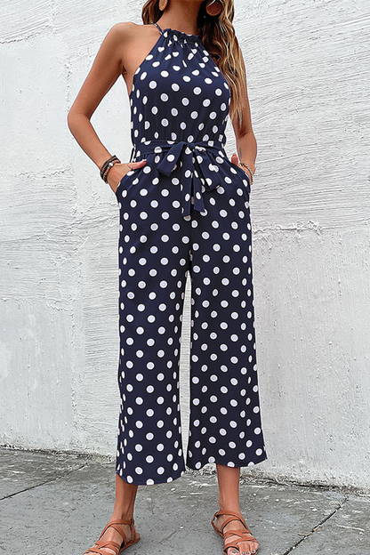 Fashion Dot Patchwork Halter Straight Jumpsuits(4 Colors)