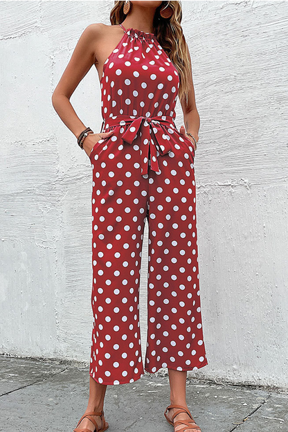 Fashion Dot Patchwork Halter Straight Jumpsuits(4 Colors)