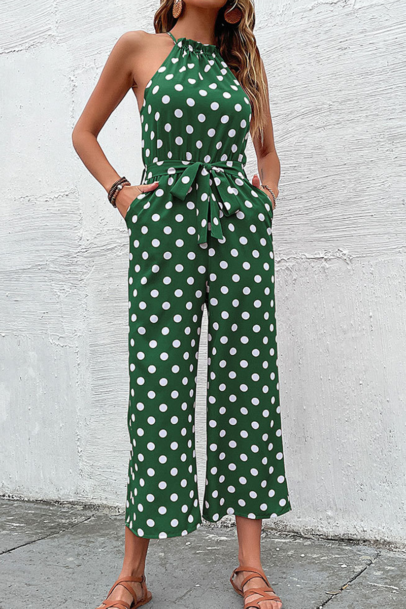 Fashion Dot Patchwork Halter Straight Jumpsuits(4 Colors)