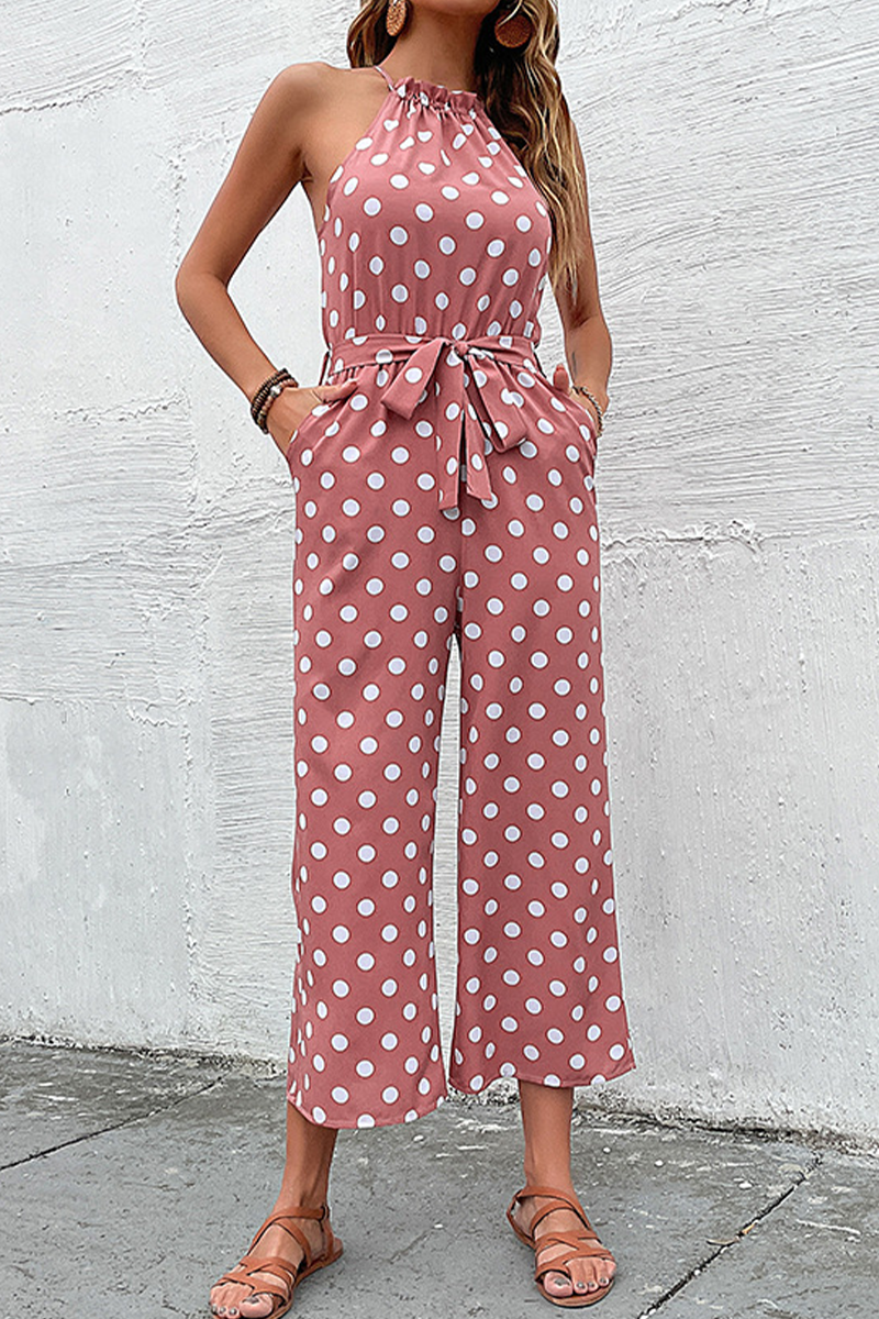 Fashion Dot Patchwork Halter Straight Jumpsuits(4 Colors)