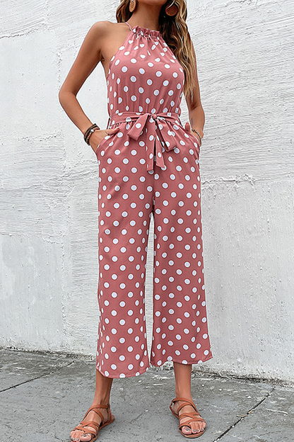 Fashion Dot Patchwork Halter Straight Jumpsuits(4 Colors)