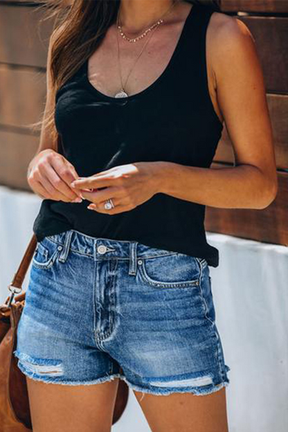 Casual Solid Ripped Mid Waist Skinny Denim Shorts