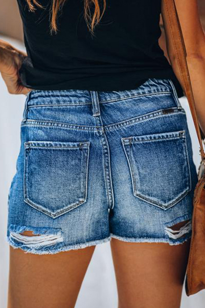 Casual Solid Ripped Mid Waist Skinny Denim Shorts
