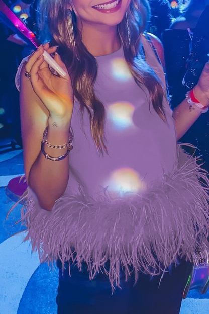 Casual Solid Feathers O Neck Tops(5 Colors)