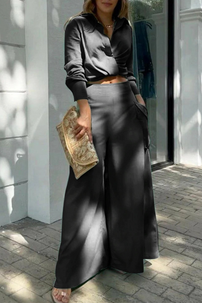 Fashion Solid Patchwork Turndown Collar Long Sleeve Two Pieces(3 Colors)