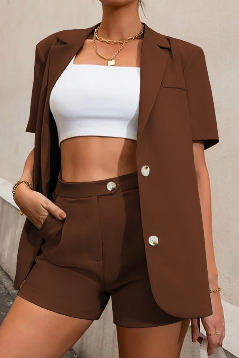 Fashion Solid Patchwork Turndown Collar Short Sleeve Two Pieces