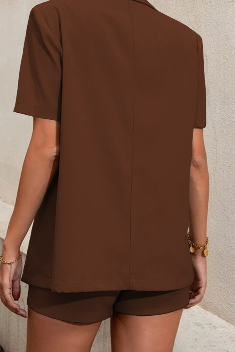 Fashion Solid Patchwork Turndown Collar Short Sleeve Two Pieces