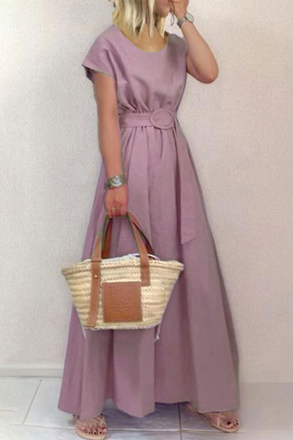 Fashion Solid Patchwork O Neck Waist Skirt Dresses
