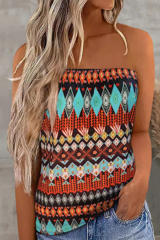 Vintage Print Patchwork Strapless Tops