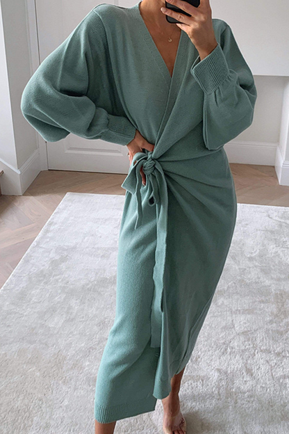 Casual Solid Patchwork V Neck Waist Skirt Dresses(5 Colors)