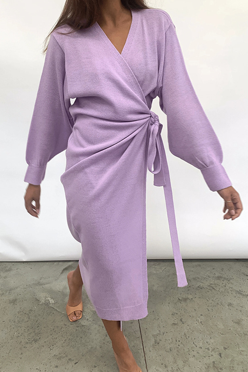 Casual Solid Patchwork V Neck Waist Skirt Dresses(5 Colors)