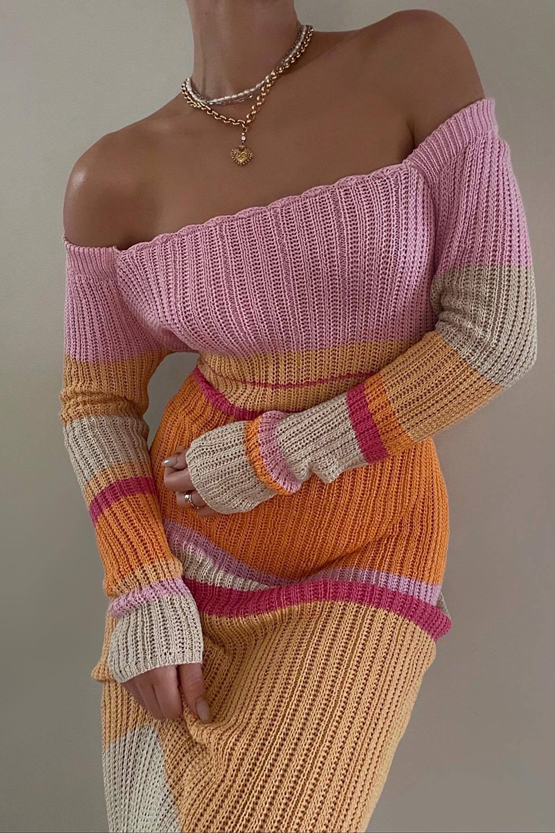 Casual Striped Patchwork Off the Shoulder Straight Dresses(5 Colors)