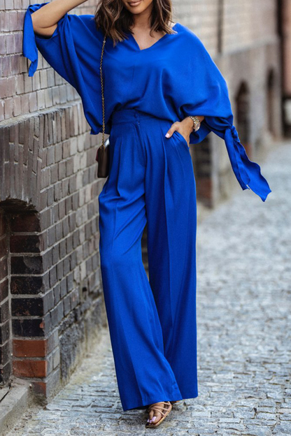 Fashion Solid Patchwork V Neck Long Sleeve Two Pieces(4 Colors)