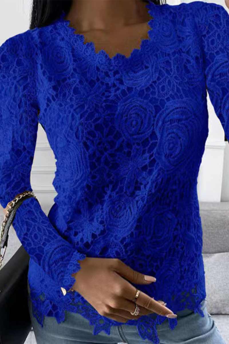 Fashion Solid Lace O Neck Long Sleeve Tops(5 Colors)