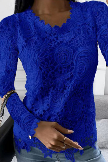Fashion Solid Lace O Neck Long Sleeve Tops(5 Colors)