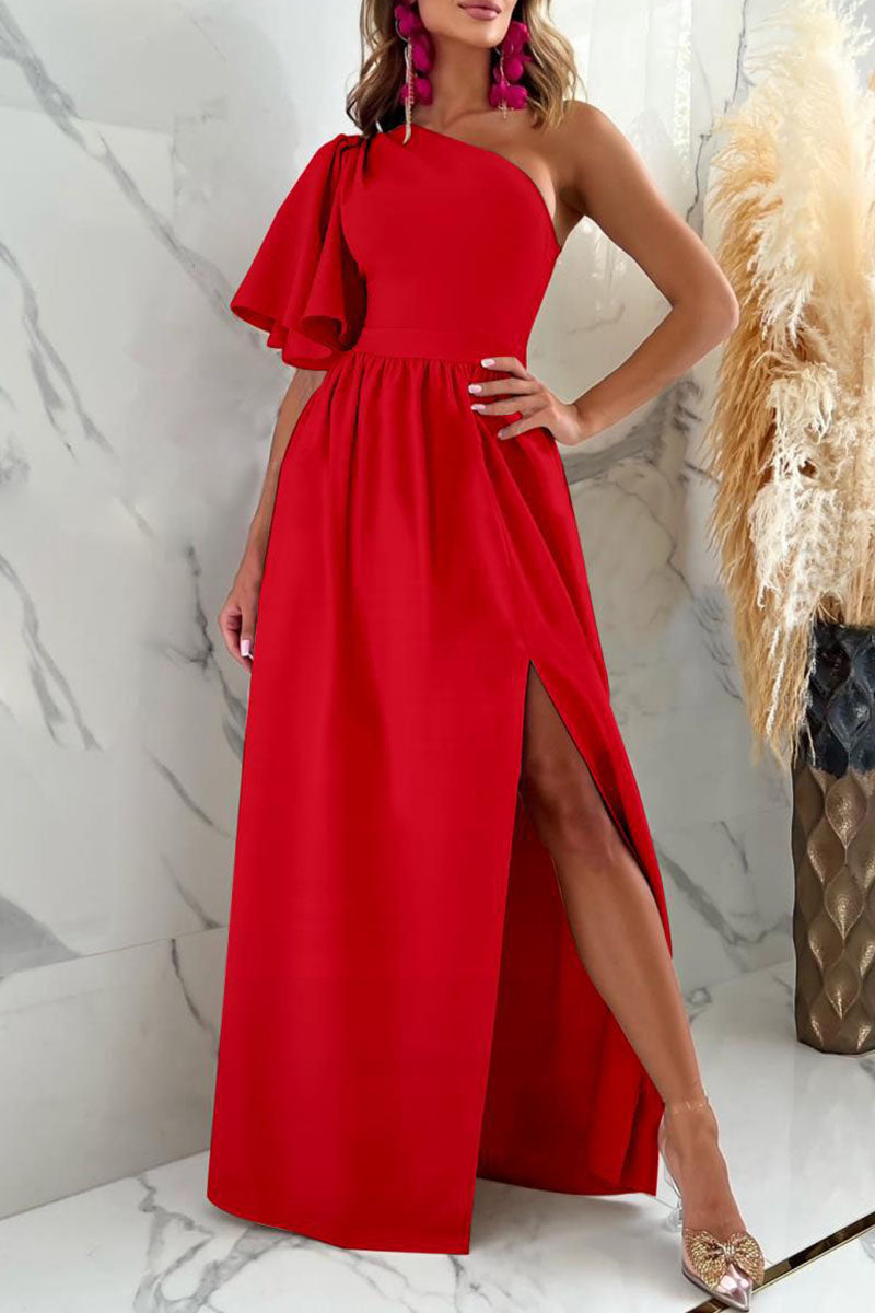 Sexy Elegant Solid Patchwork Slit Oblique Collar Straight Dresses(2 Colors)