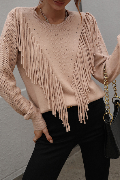 Fashion Solid Tassel Patchwork O Neck Sweaters(5 colors)