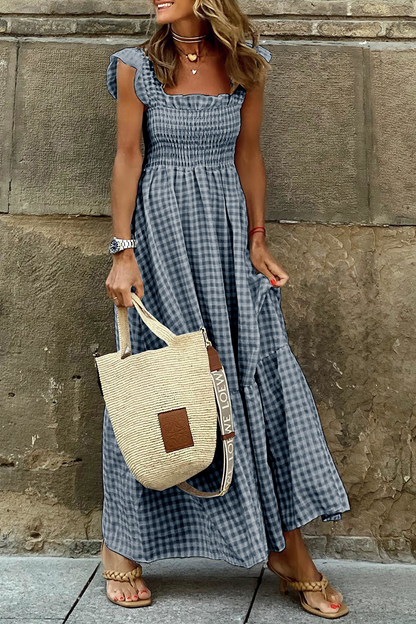 Fashion Plaid Patchwork Square Collar Cake Skirt Dresses