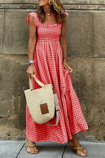 Fashion Plaid Patchwork Square Collar Cake Skirt Dresses