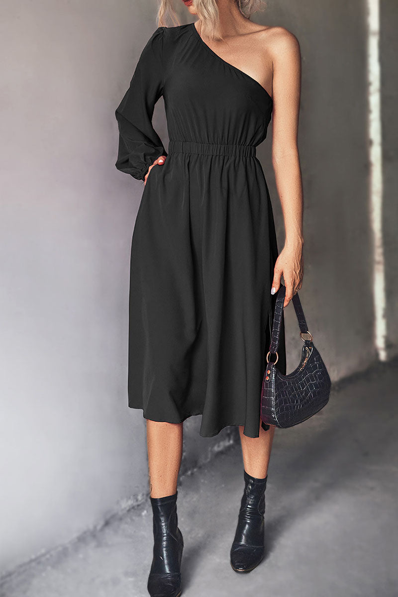 Casual Solid Patchwork Oblique Collar A Line Dresses(3 colors)