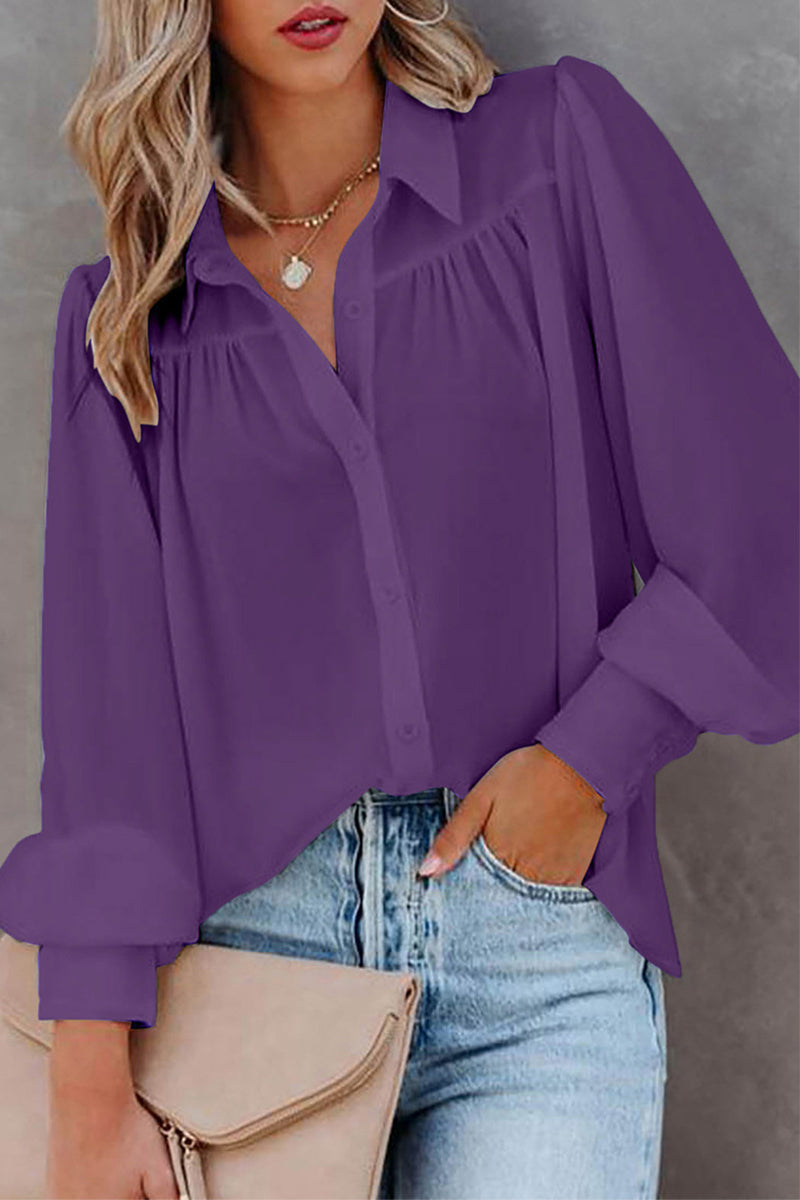 Fashion Work Solid Buttons Turndown Collar Tops(8 colors)