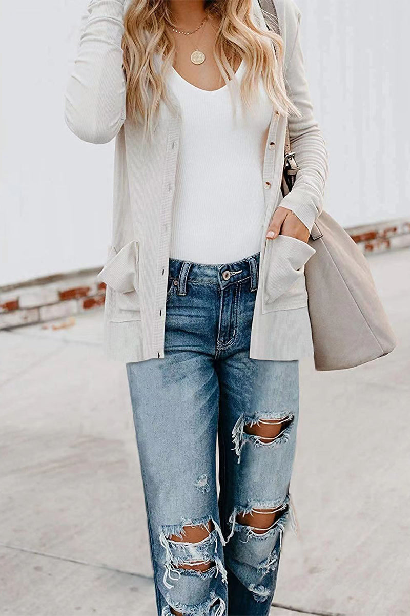 Fashion Casual Solid Patchwork Buttons V Neck T-Shirts(6 Colors)