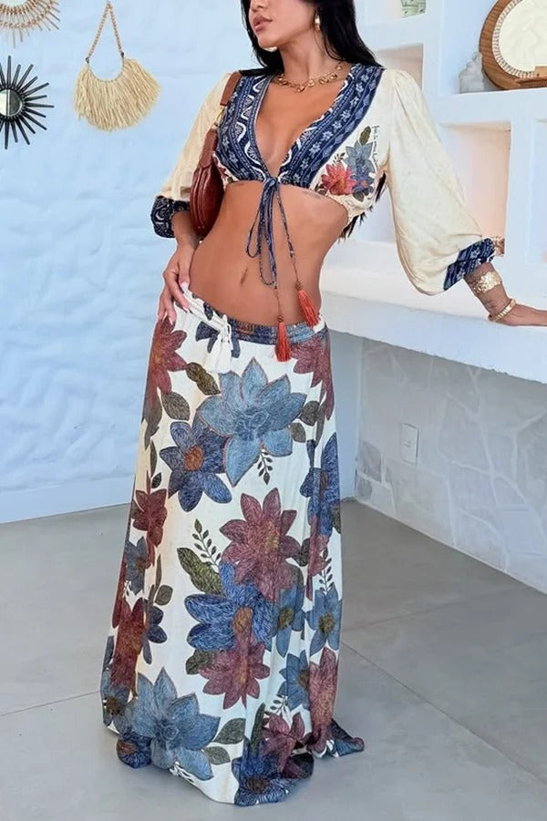 Unique Printed V-Neck Tie Cropped Top and Elastic Waist Casual Maxi Skirt Set