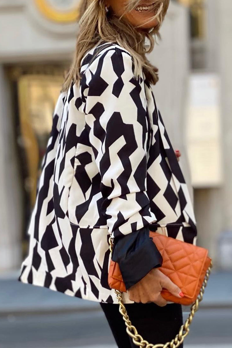 Fashion Work Print Patchwork Turn-back Collar Outerwear