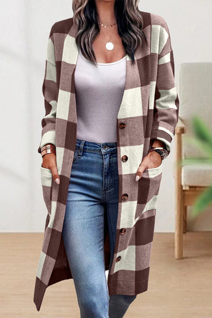 Work Street Plaid Striped Pocket Buckle V Neck Outerwear(4 Colors)