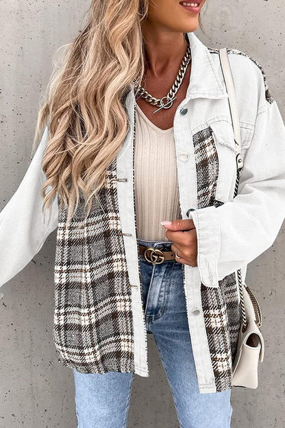 Street Plaid Striped Patchwork Pocket Turndown Collar Outerwear(6 Colors)