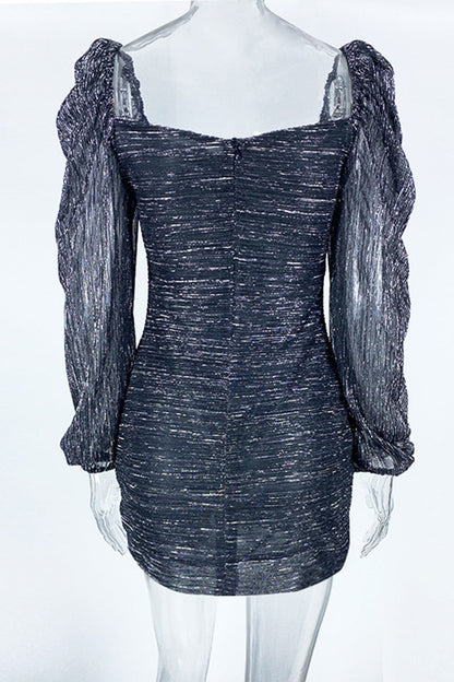 Sexy Elegant Solid Bronzing Fold Bright Silk Square Collar A Line Dresses