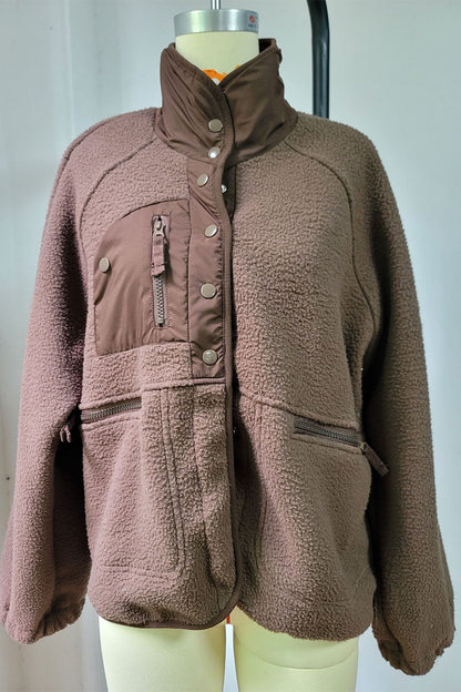 Casual Solid Patchwork Pocket Mandarin Collar Outerwear(2 Colors)