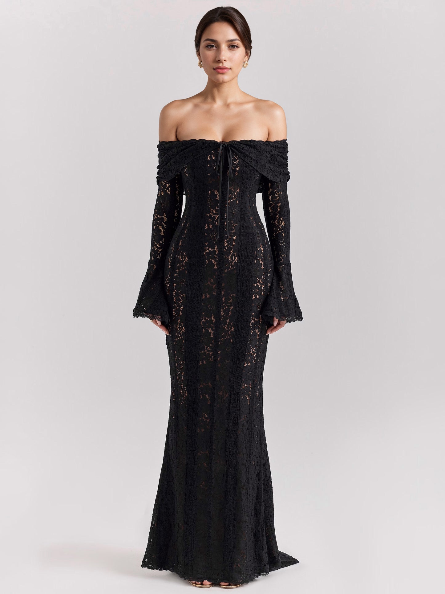 Black Floral Lace Maxi Dress Off Shoulder Bell Long Sleeve Mermaid Bodycon Dress For Women 2026