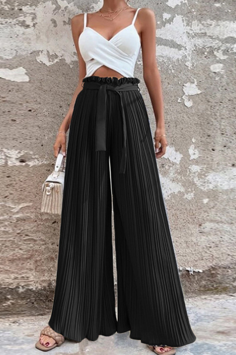 Elegant Solid With Belt Straight High Waist Wide Leg Patchwork Bottoms