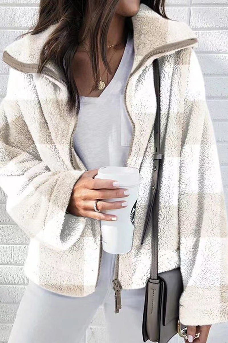 Street Plaid Color Block Patchwork Turndown Collar Outerwear